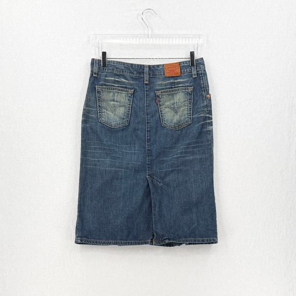 LEVIS Vintage Y2K Denim Skirt Women 28 Blue Pleated Midi Distressed USA Made - Picture 3 of 14